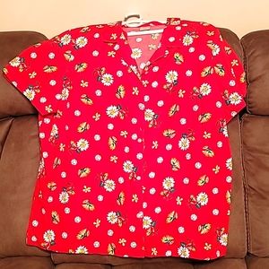 Women's red short sleeve shirt with white and yellow flowers by blair size 2x